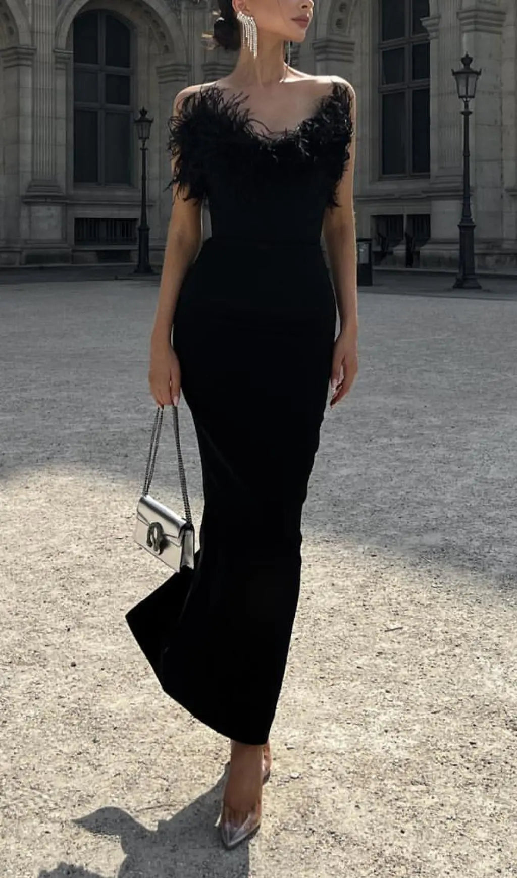 Feather Bodycon Maxi Dress In Black