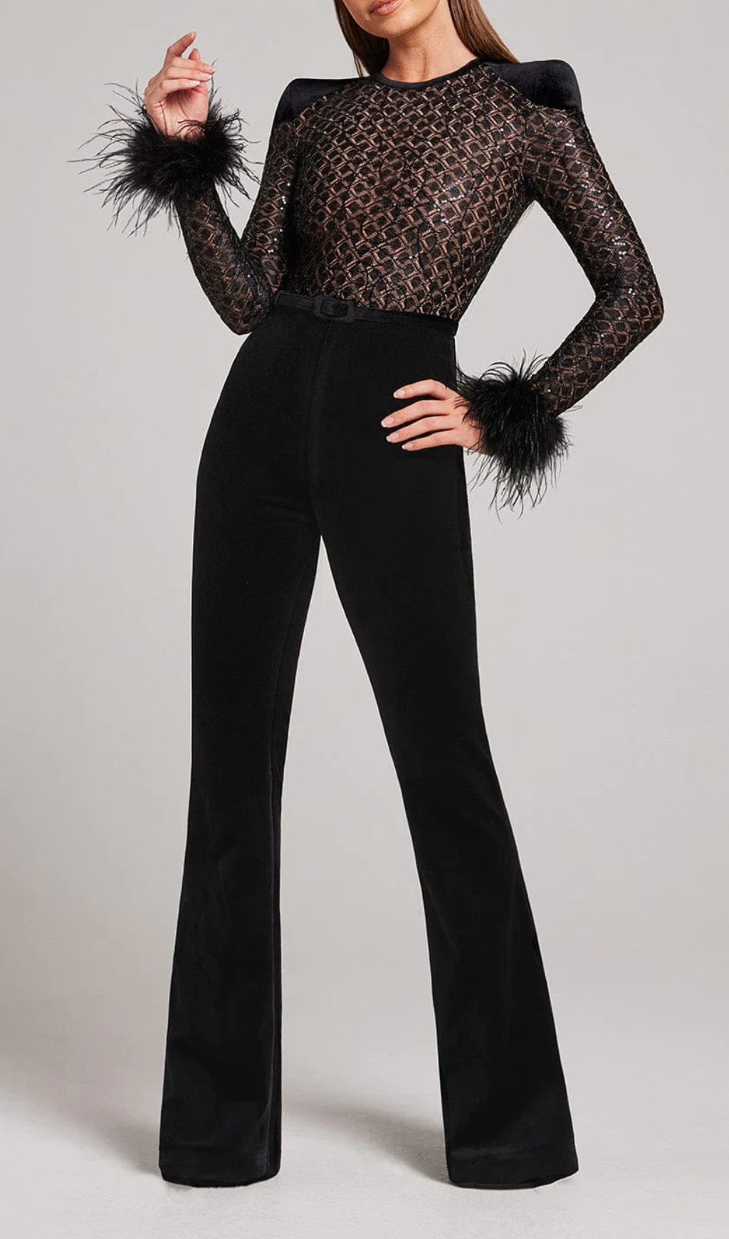 Aysel Black Feather Sequin Jumpsuit