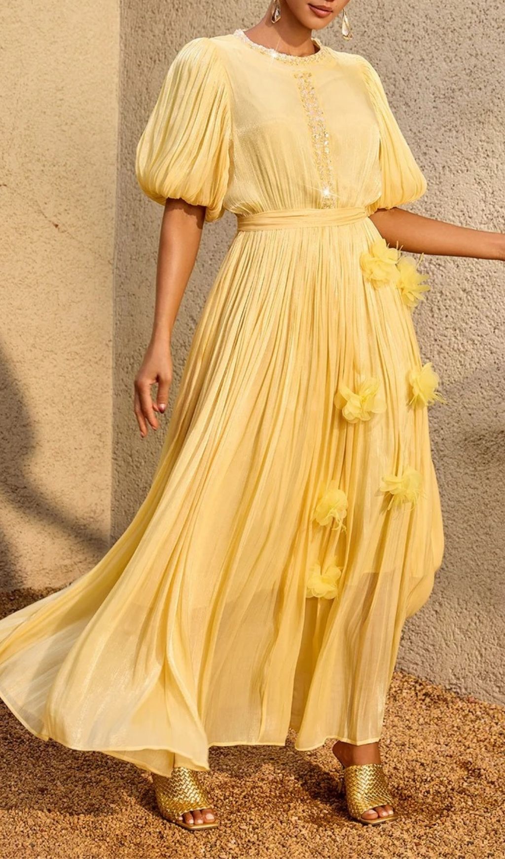 Istralion Puff Sleeve Flower Sequin Maxi Dress