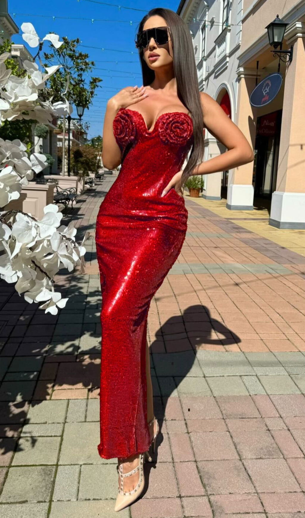 Aditi Red Flower Sequin Maxi Dress