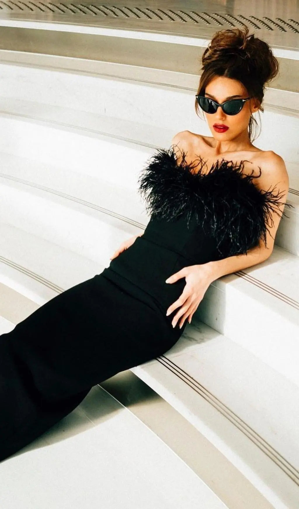 Feather Bodycon Maxi Dress In Black