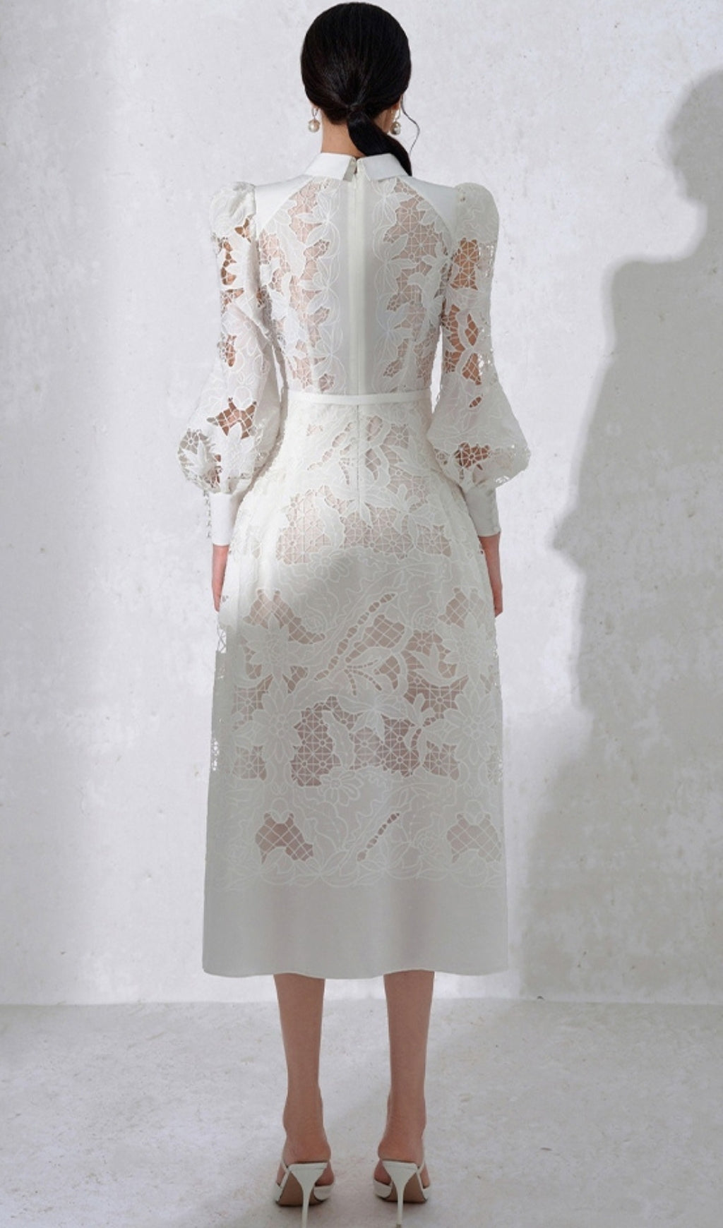 White Lace Embroidered Full Hem Midi Dress