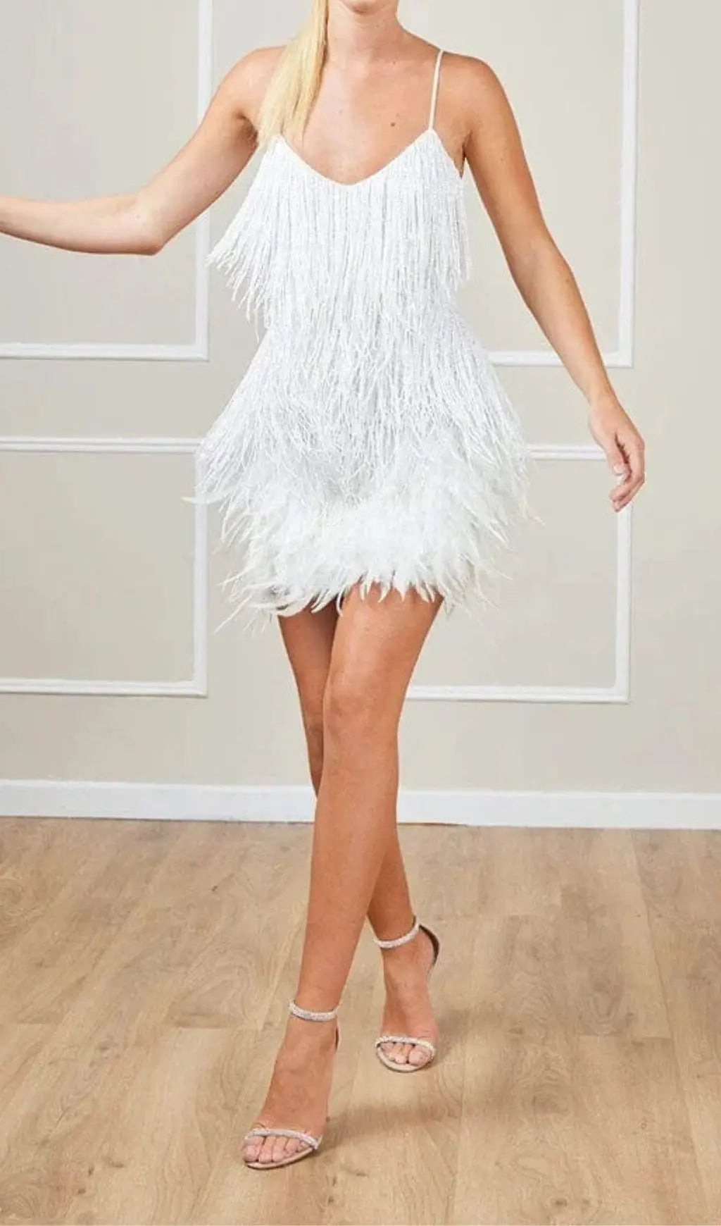 Tassel Feather Mini Dress In White