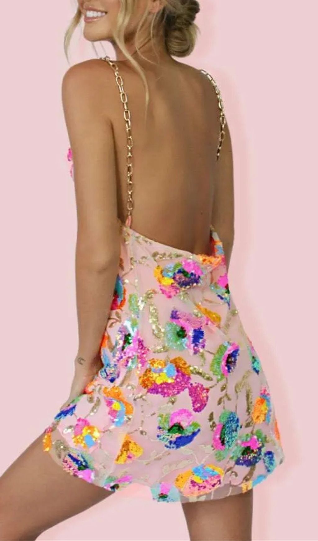 Fanny Pink Embroidered Sequins Backless Mini Dress