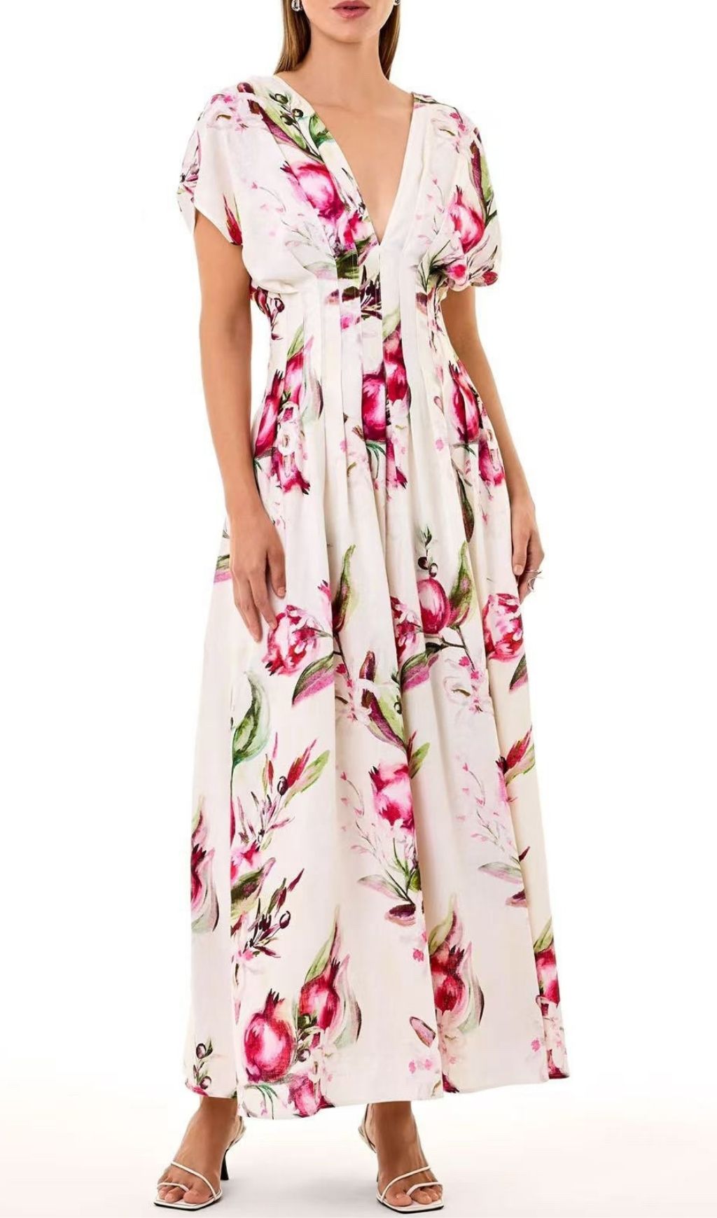 Sonya Pleated Floral Print Maxi Dress in White