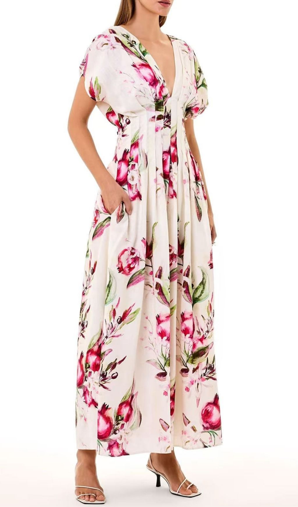Sonya Pleated Floral Print Maxi Dress in White