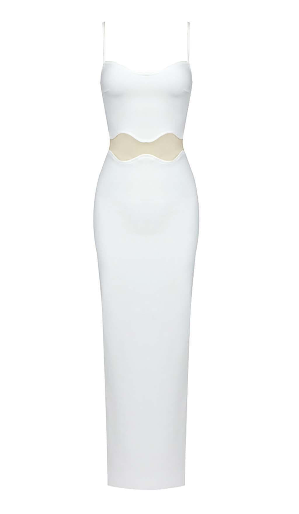 SCALLOPED MESH INSERT MAXI DRESS IN WHITE