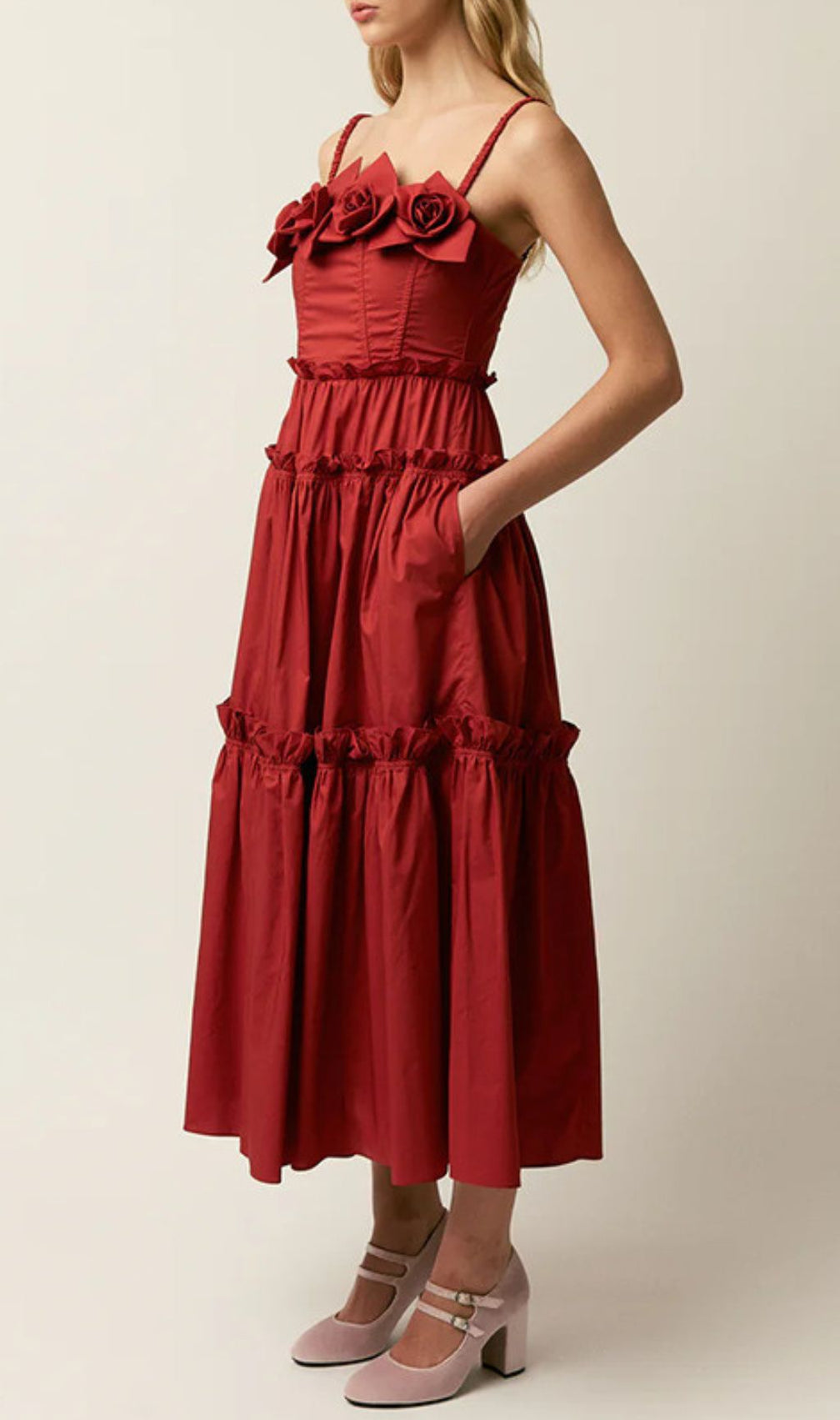 Higgins Vibrant Red Tiered Midi Dress with 3D Floral Bust Appliqués