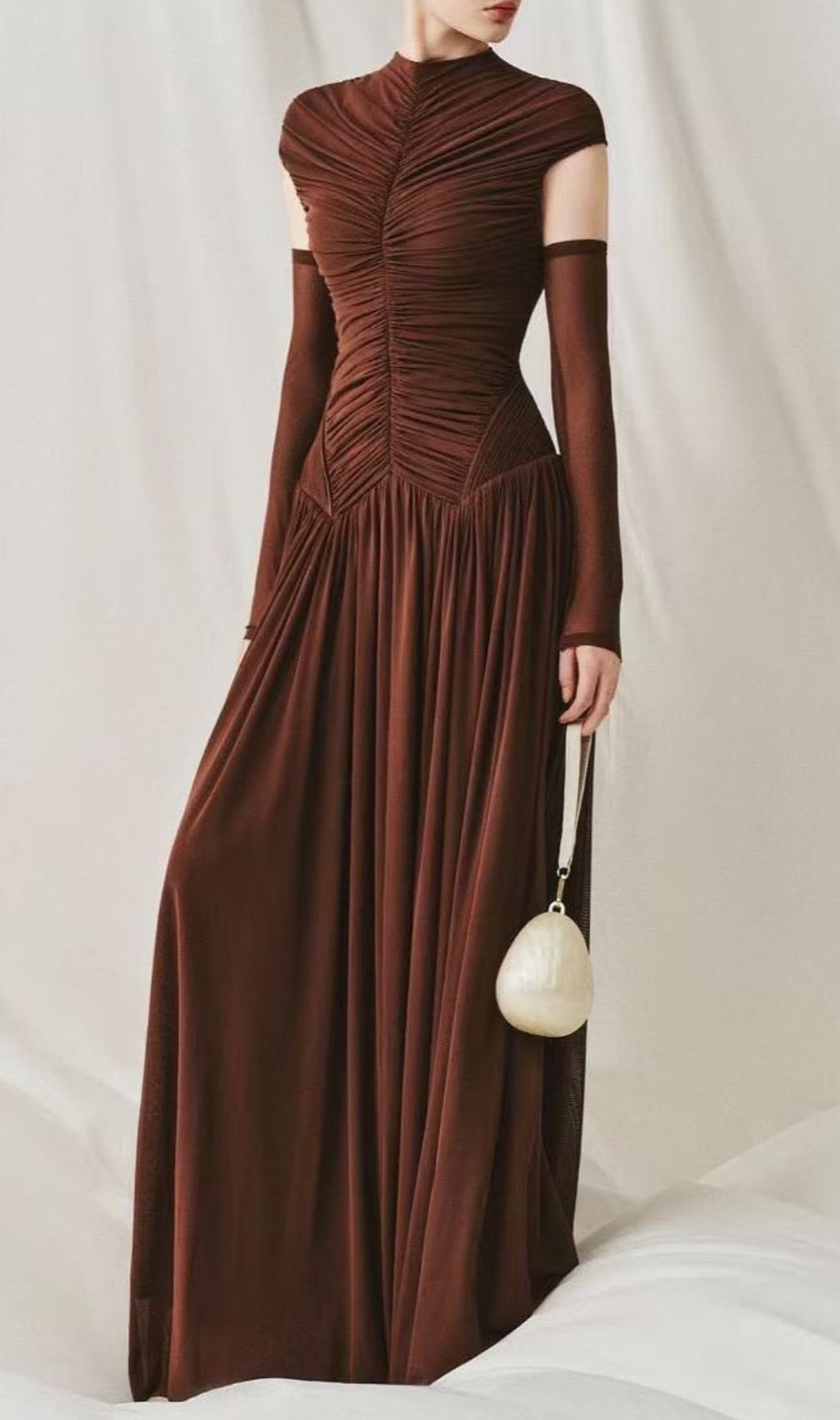 Kiele Luxe Chocolate Brown Ruched Maxi Dress - Sculpted Elegance for Women