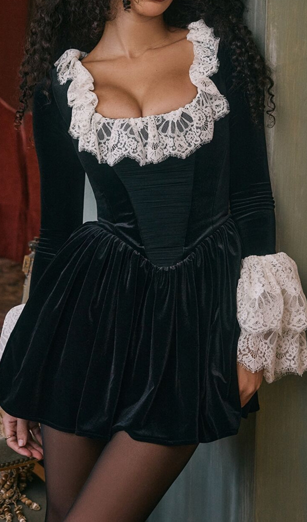 Coy Black Long Sleeve Lace Velvet Mini Dress
