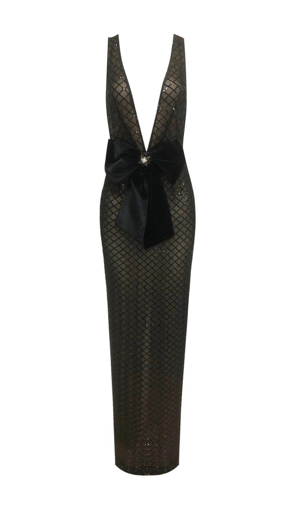 Duaa Black Deep V-Neck Bow Sequin Maxi Dress