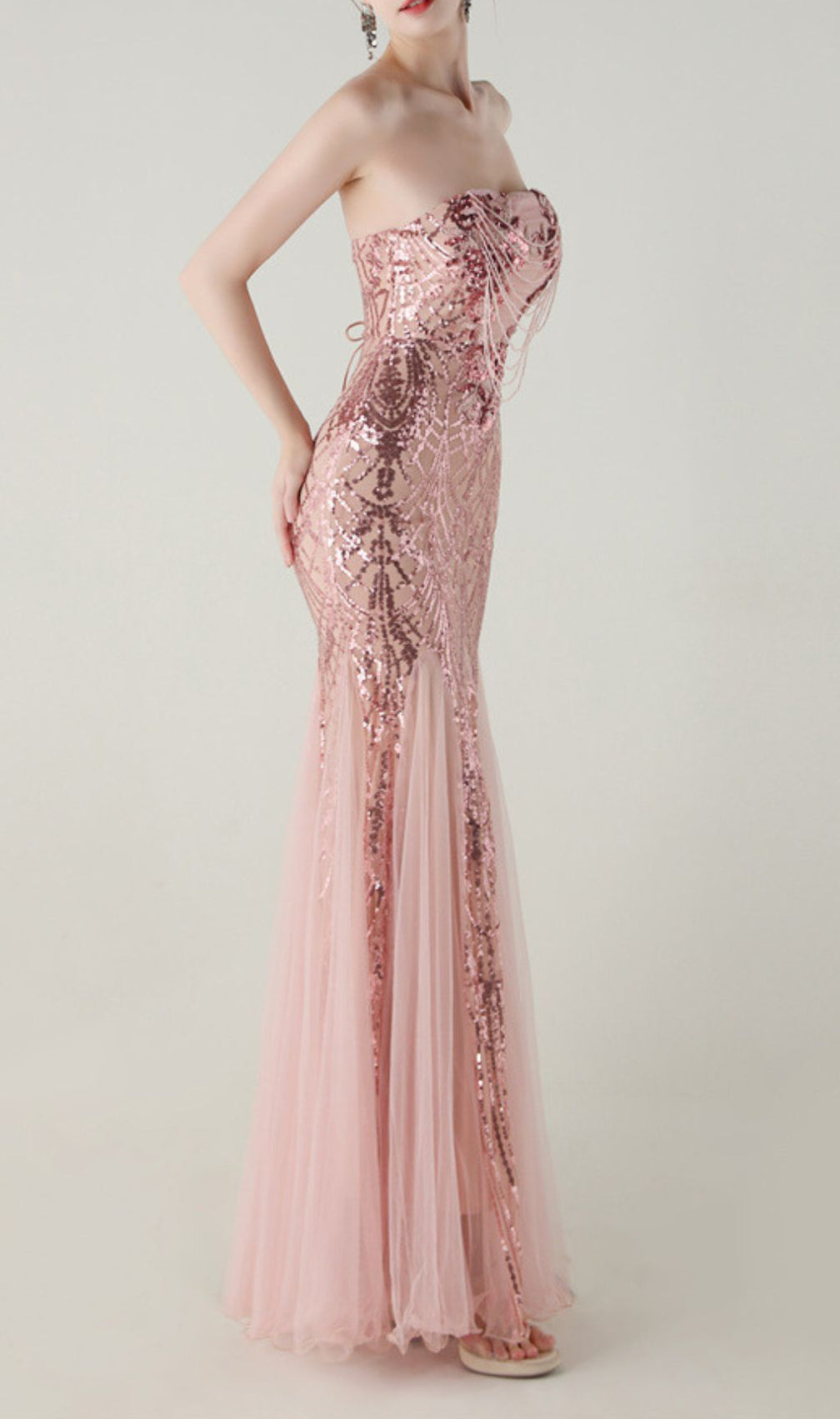 Ikuye Rose Gold Sequin Strapless Mermaid Gown - Gala & Prom Maxi Dress