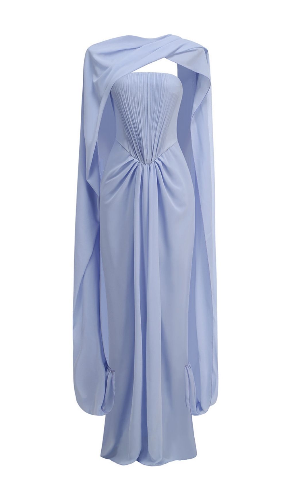 Kayley Periwinkle Blue Strapless Pleated Maxi Gown with Draped Shawl - Event Ready Elegance