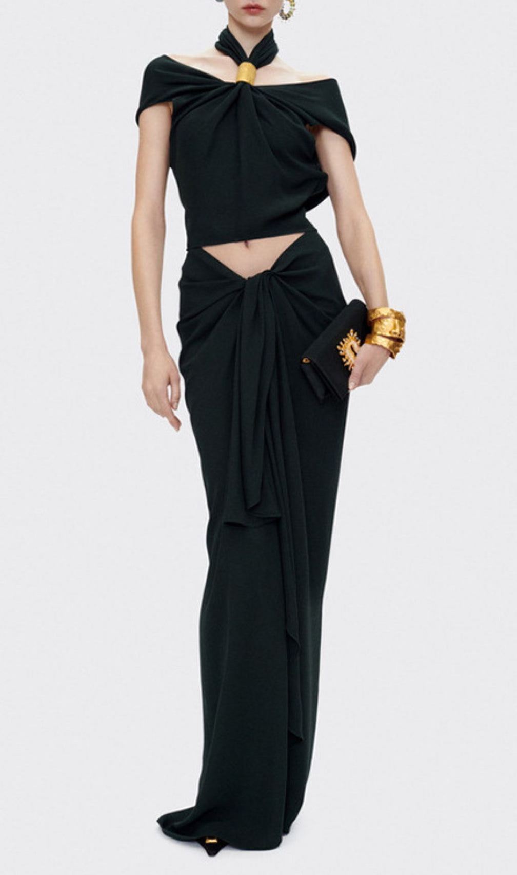 Isabel Luxe Draped Halter Two-Piece Set - Backless Crop Top & Maxi Skirt