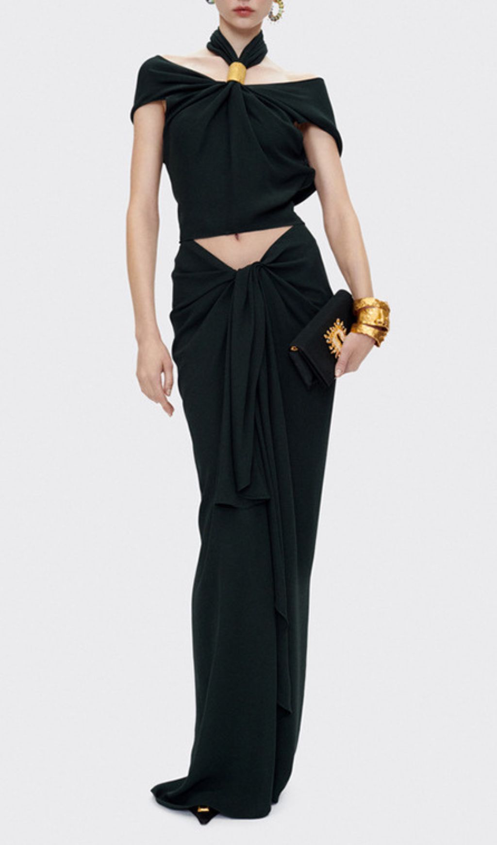 Isabel Luxe Draped Halter Two-Piece Set - Backless Crop Top & Maxi Skirt