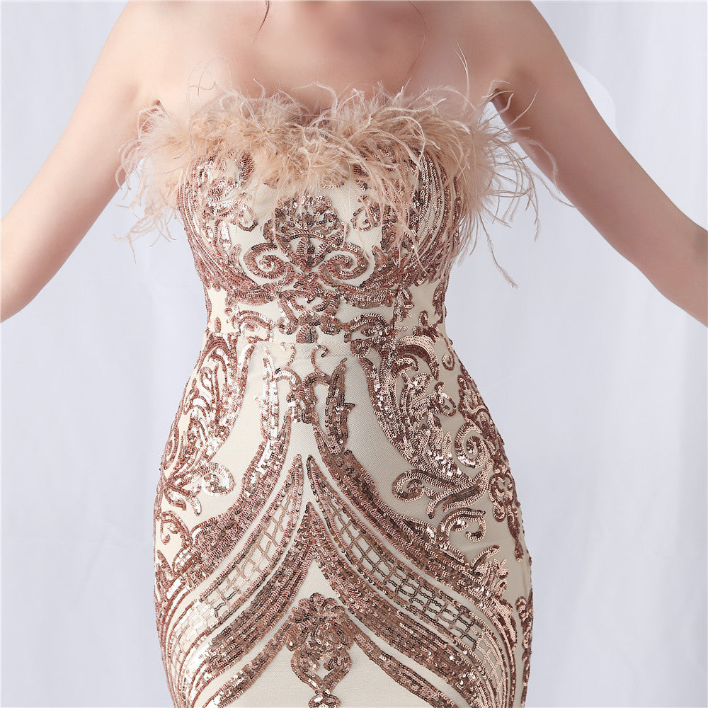 Choire Champagne Sequin Feather Maxi Dress