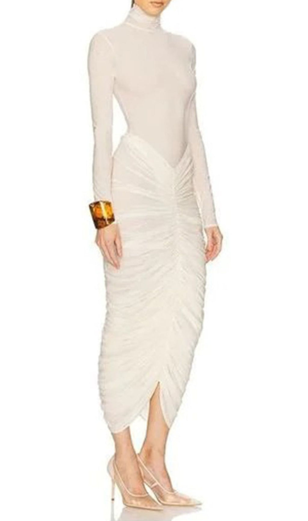 Jabbar Sculptural White Ruched Midi Dress | Elegant Long Sleeve Bodycon for Women