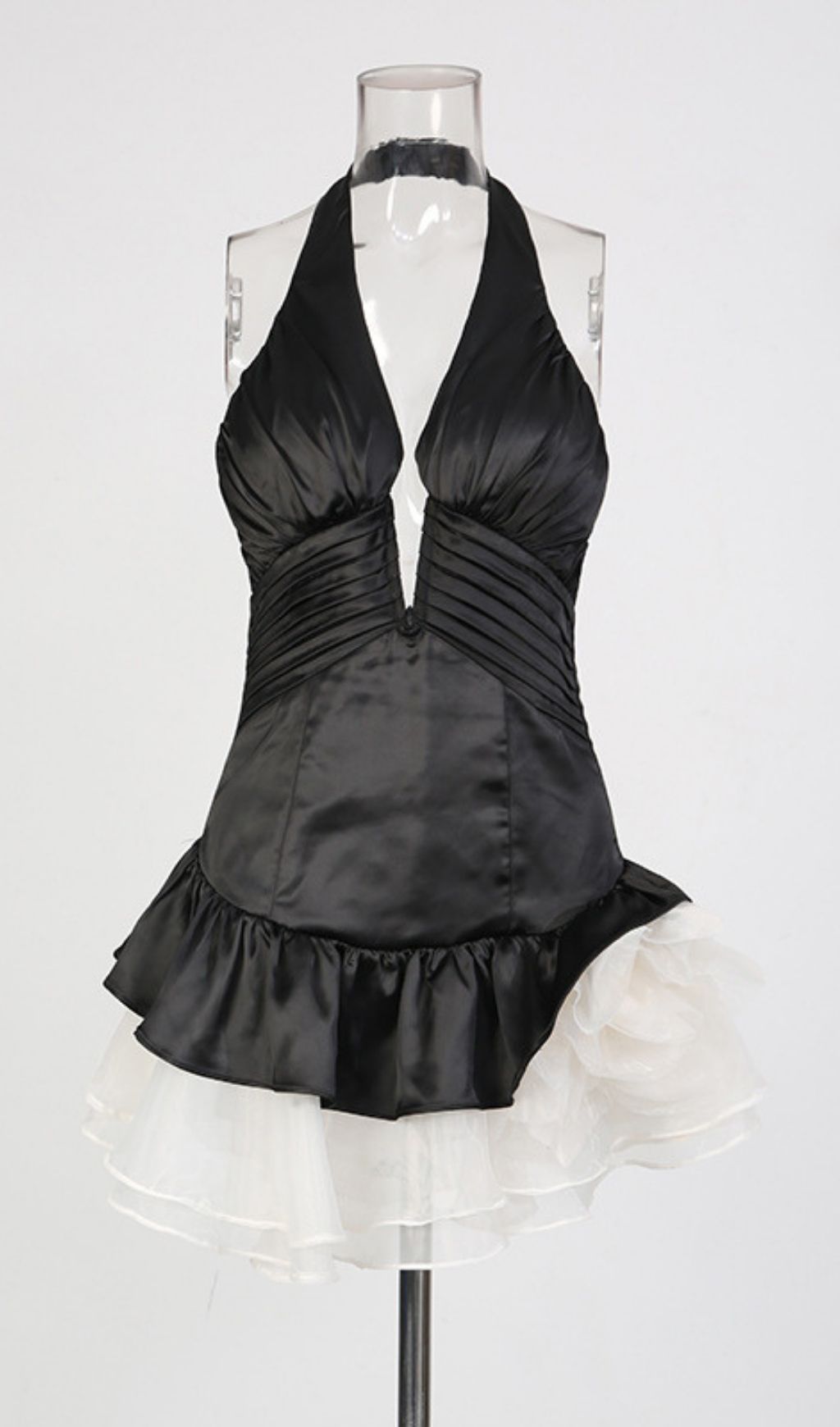 Keren Halter Deep V Mini Dress - Black & Red Blooming Rose Skirt
