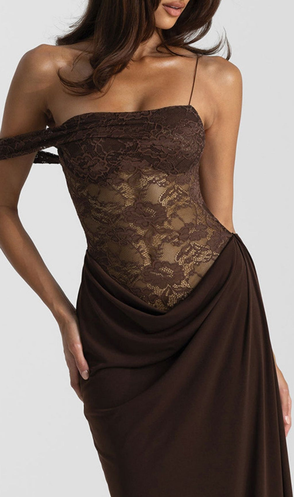 Kayleen Romantic Coffee Lace Maxi Gown - Elegant Off-Shoulder Formal Dress