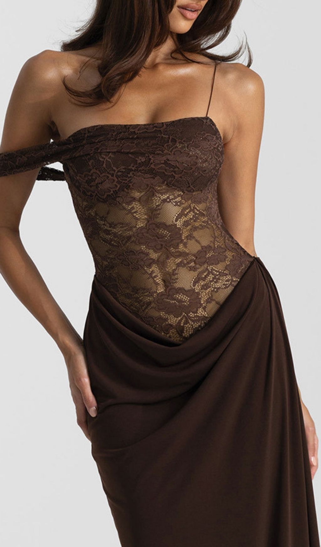 Kayleen Romantic Coffee Lace Maxi Gown - Elegant Off-Shoulder Formal Dress