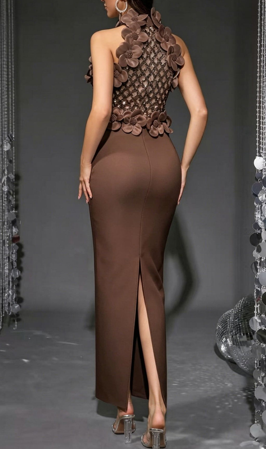 Kelsey Luxe Coffee Halter Sequin & 3D Floral Appliqué Bandage Maxi Dress