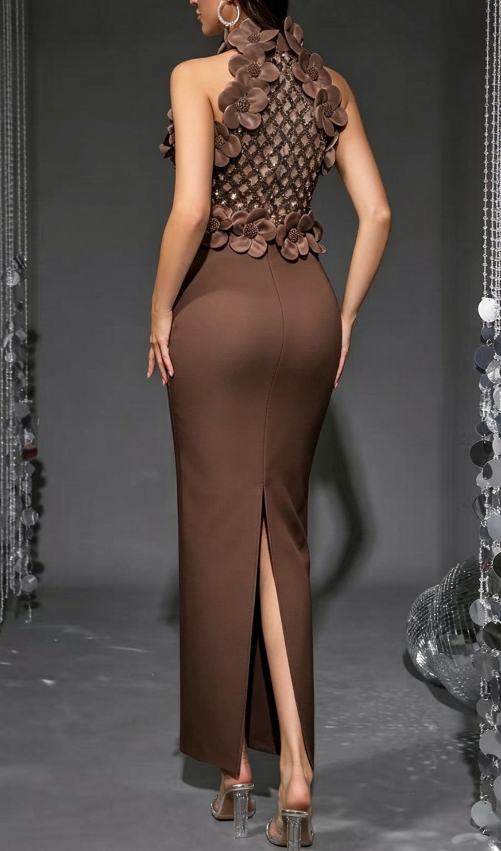 Kelsey Luxe Coffee Halter Sequin & 3D Floral Appliqué Bandage Maxi Dress