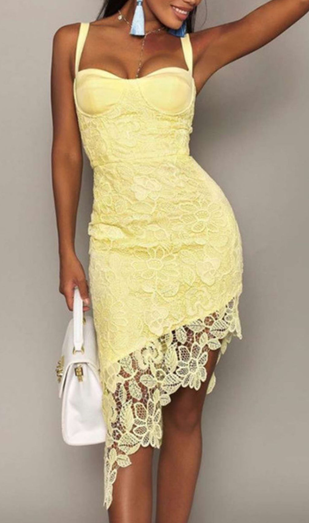 Dolores Elegant White Lace Asymmetrical Midi Dress | Strappy Sweetheart Neckline