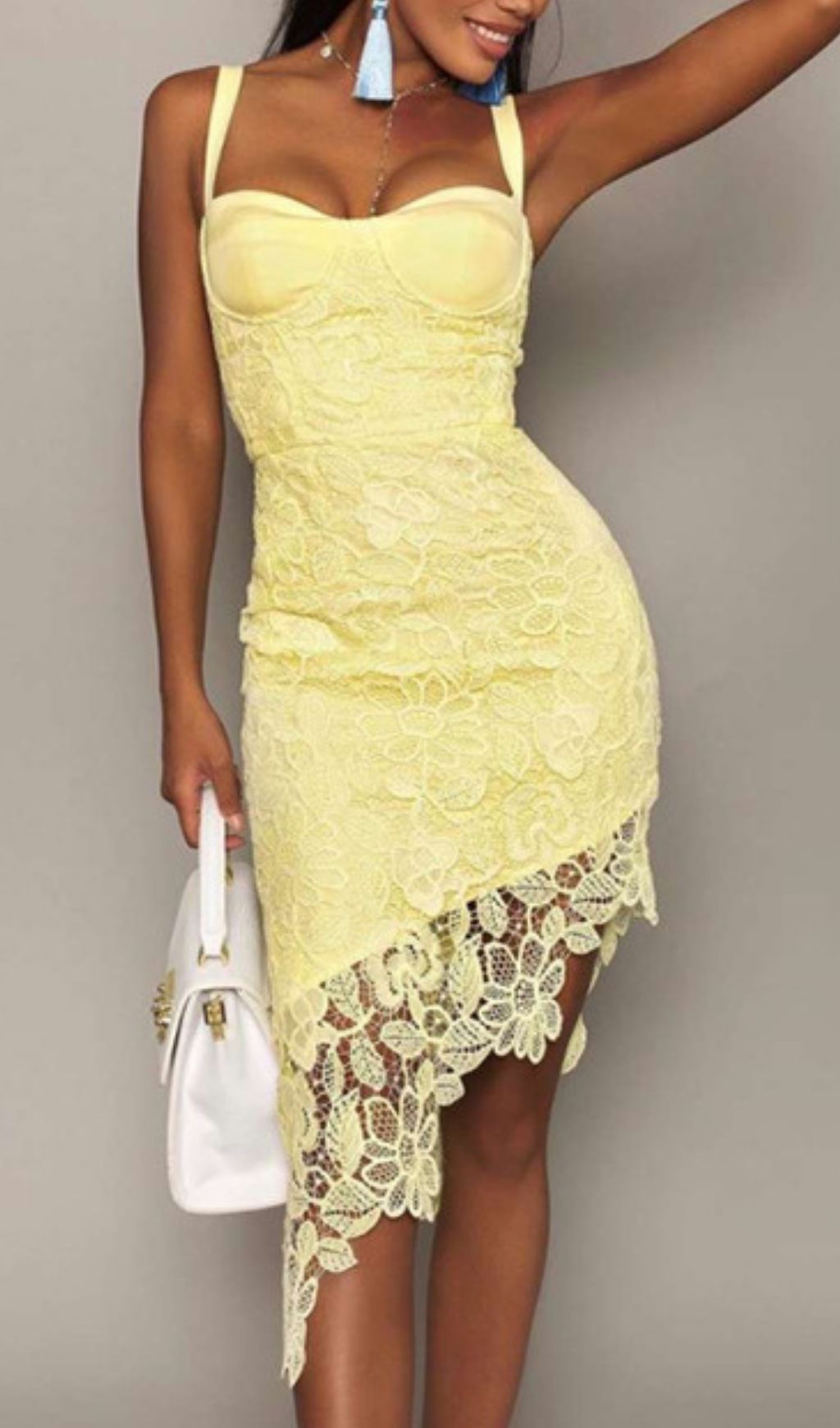 Dolores Elegant White Lace Asymmetrical Midi Dress | Strappy Sweetheart Neckline