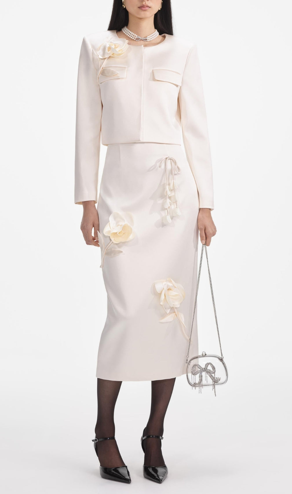 Cream 3D Flower Satin Midi Skirt