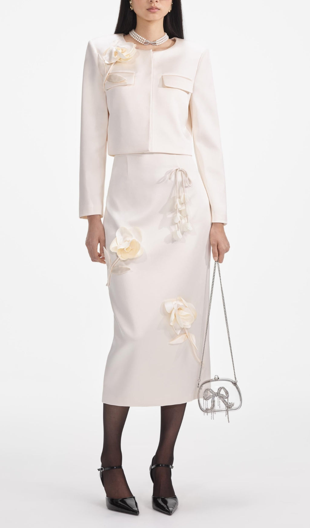 Cream 3D Flower Satin Midi Skirt