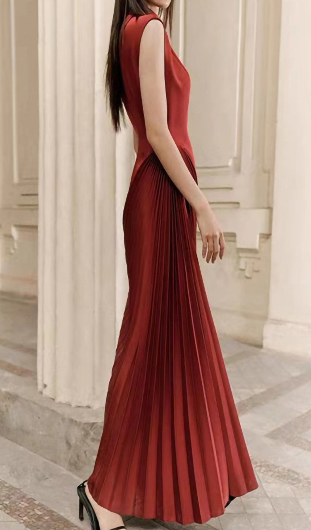 Red Diagonal Pleated Midi Dress