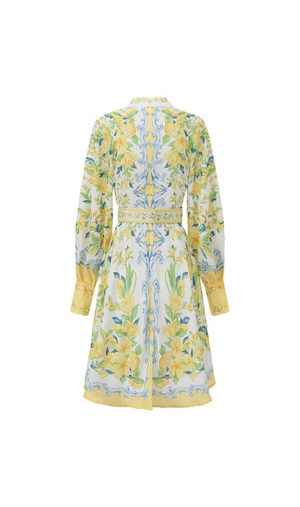 Lemon Floral Single-Breasted Midi Dress With Belt - Yellow
