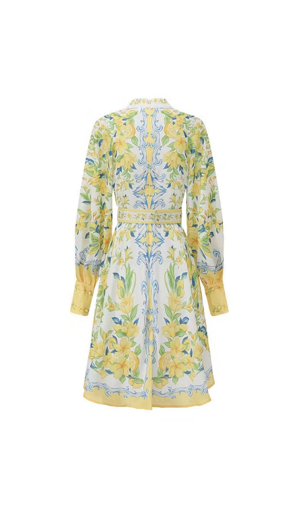Lemon Floral Single-Breasted Midi Dress With Belt - Yellow