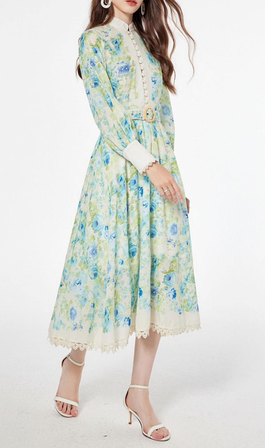 Chic Green & Blue Floral Long Sleeve Midi Dress - Elegant Garden Party Attire
