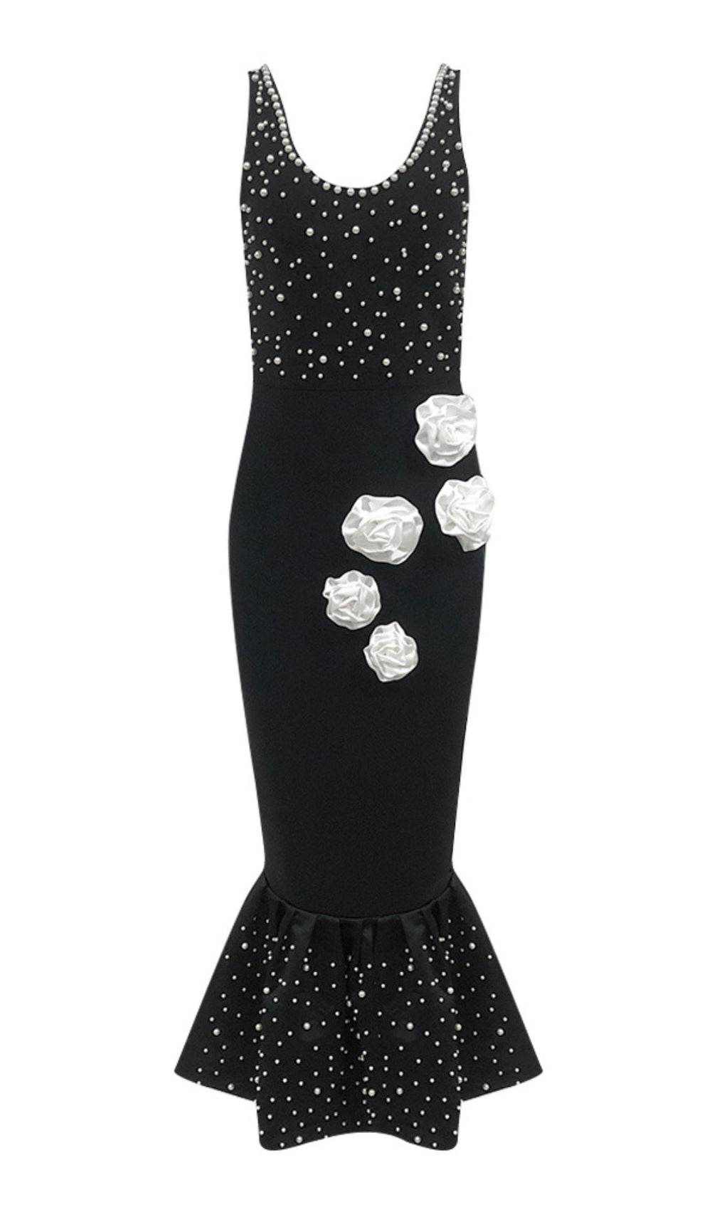 Bebe Black Flower Pearl Mermaid Midi Dress