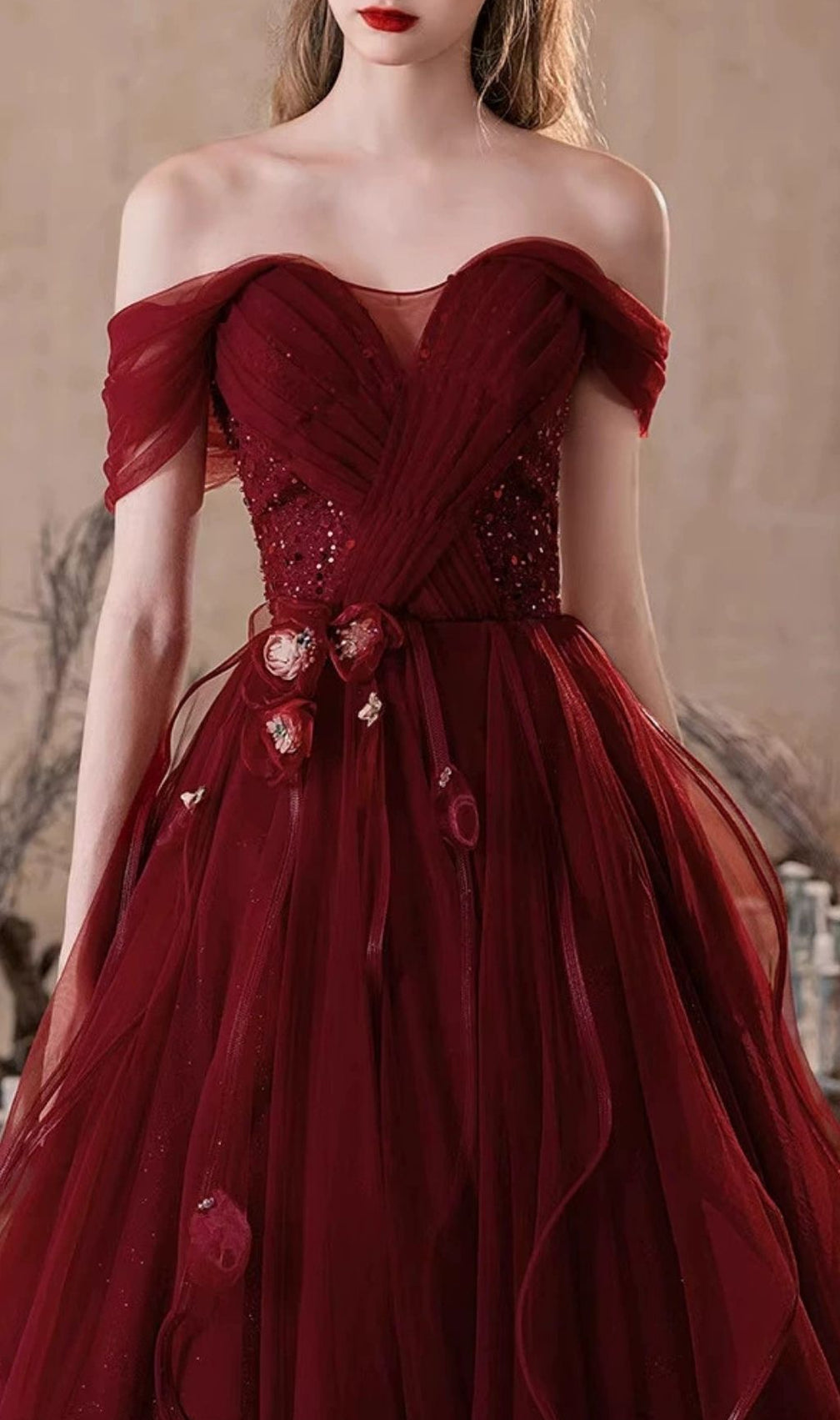 Kasandra Scarlet Red Off-Shoulder Ruffle Tulle Gown - Elegant Formal Maxi Dress