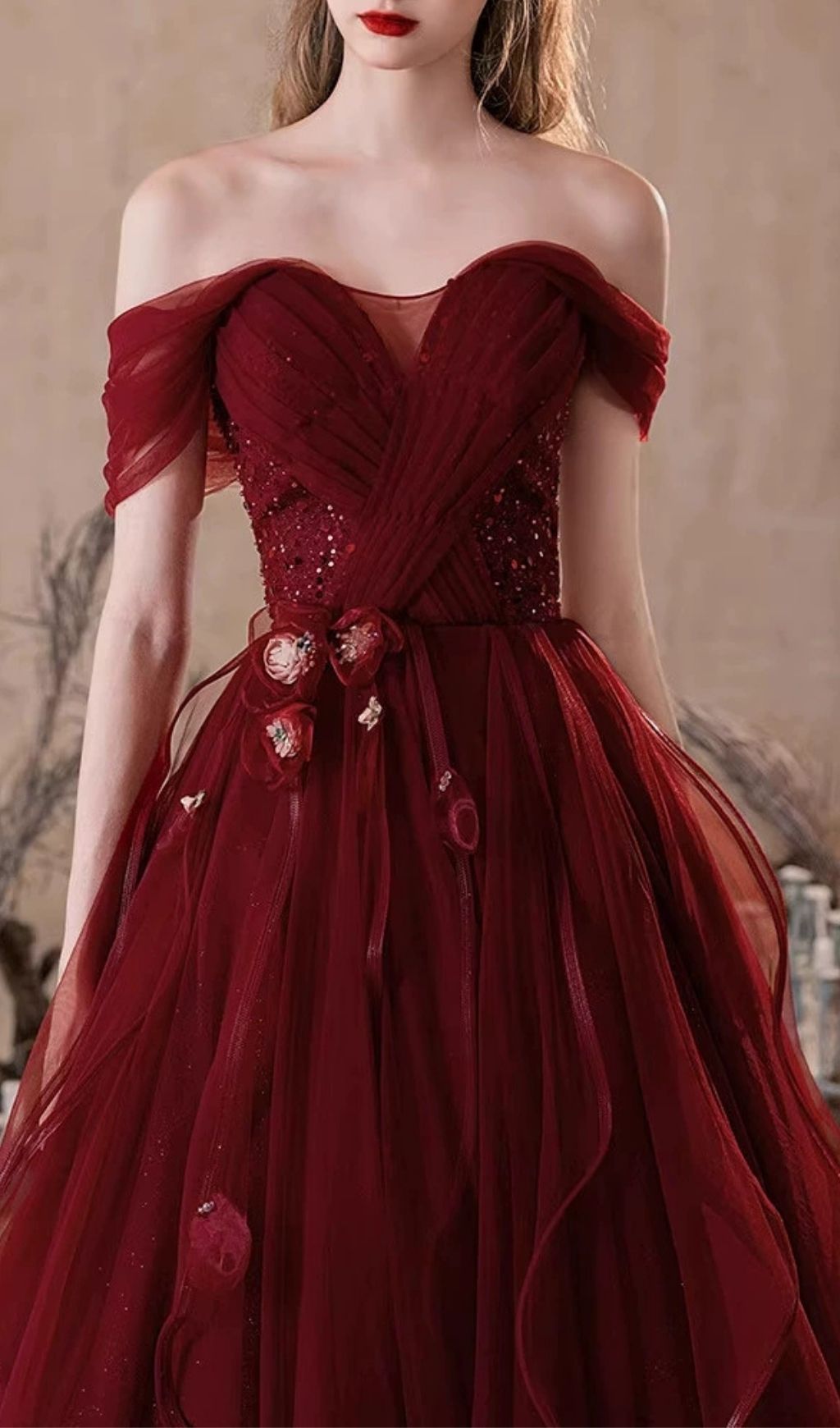 Kasandra Scarlet Red Off-Shoulder Ruffle Tulle Gown - Elegant Formal Maxi Dress