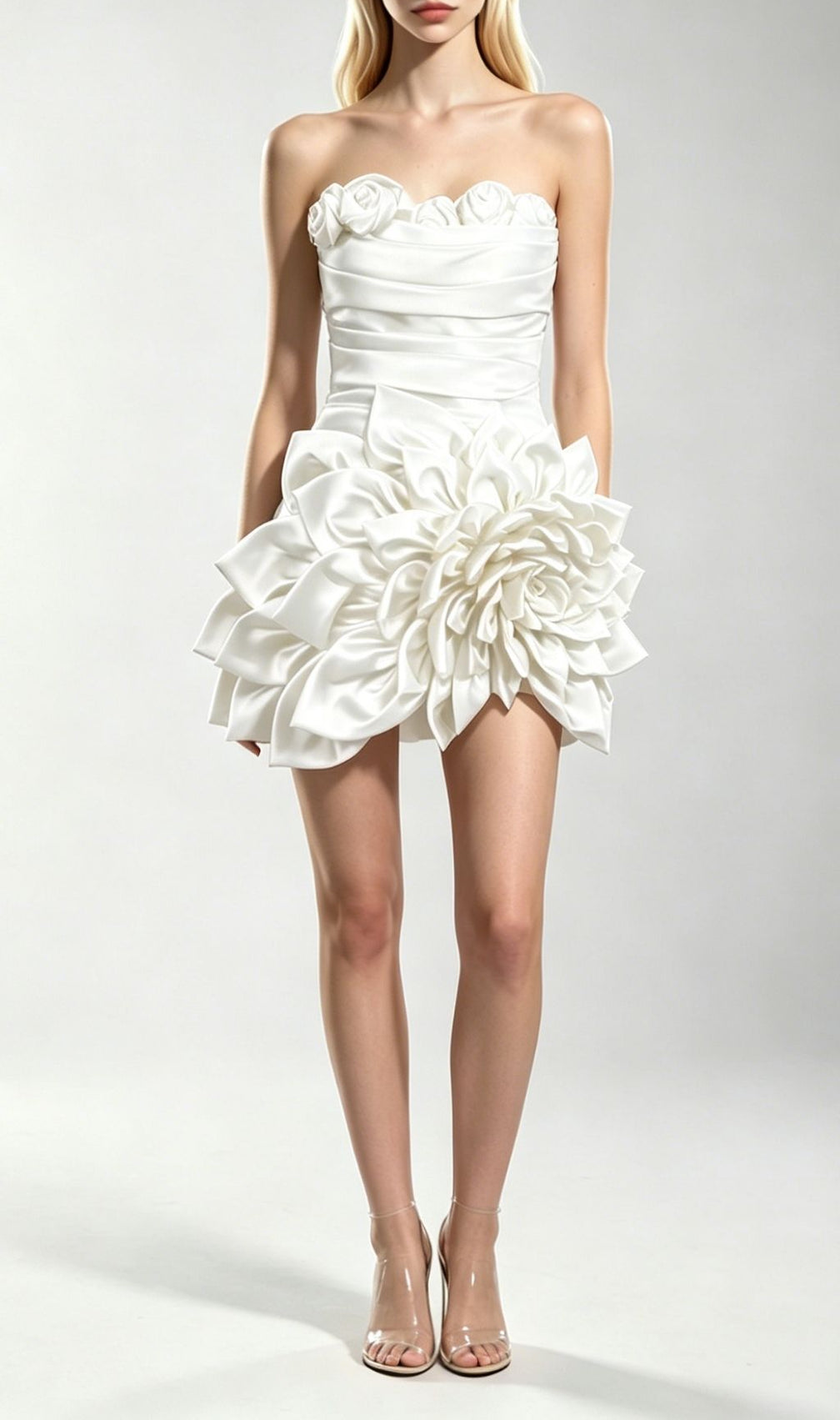 Korina White Strapless 3D Flower Mini Dress