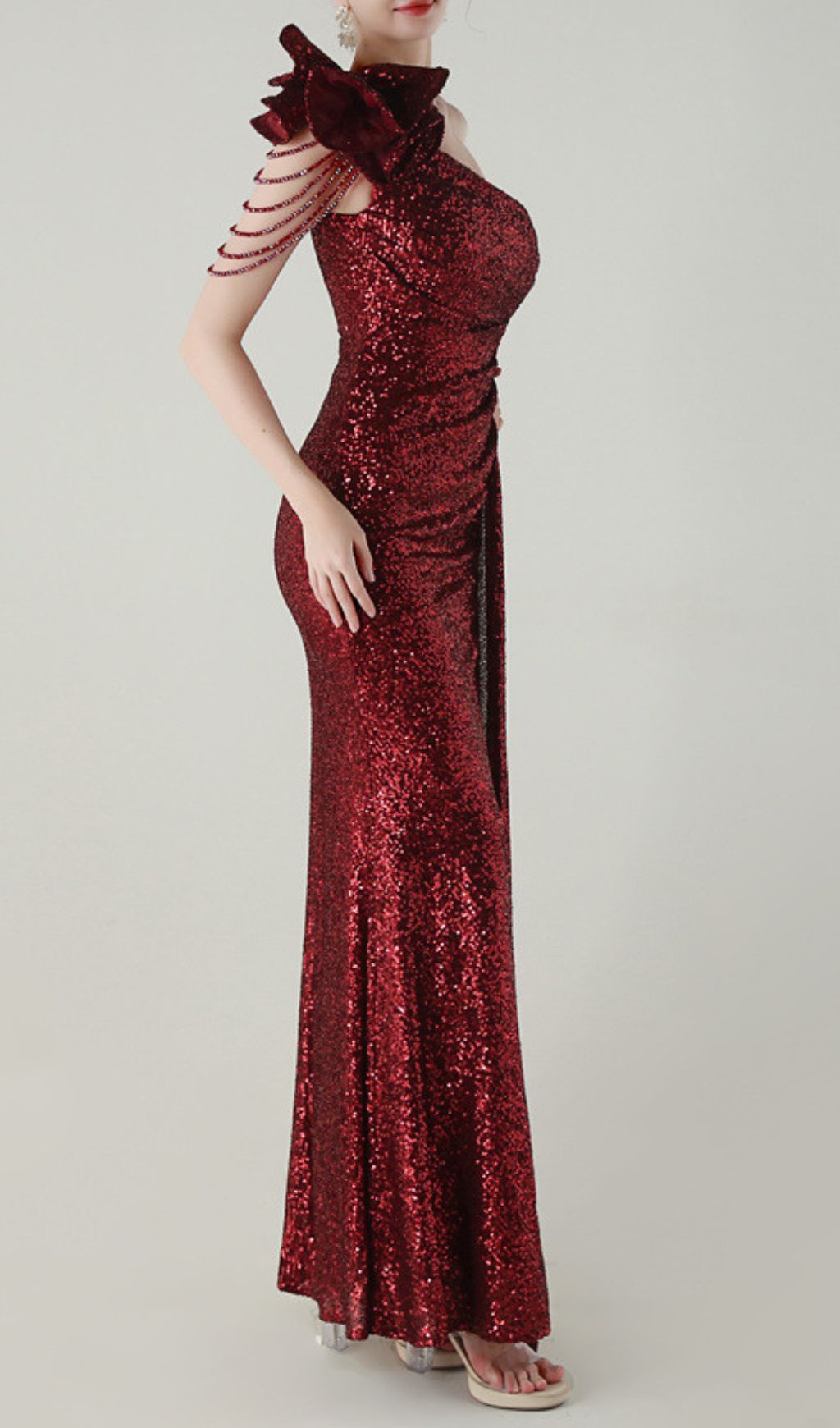 Ikia Glamorous Red Sequin One-Shoulder Maxi Dress with High Slit