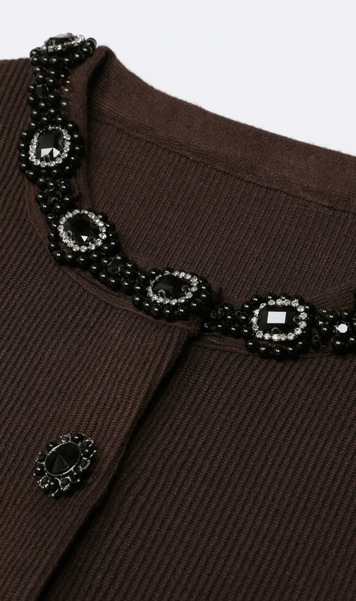 Jie Chic Coffee Ribbed Knit Cardigan & Midi Skirt Set with Embellishments