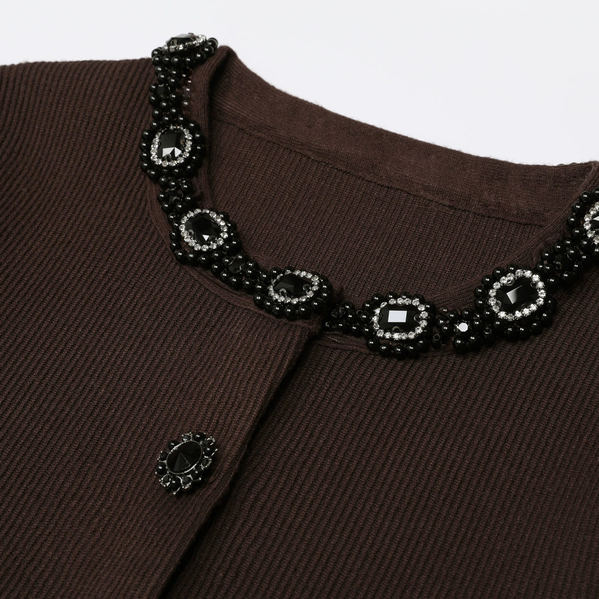 Jie Chic Coffee Ribbed Knit Cardigan & Midi Skirt Set with Embellishments