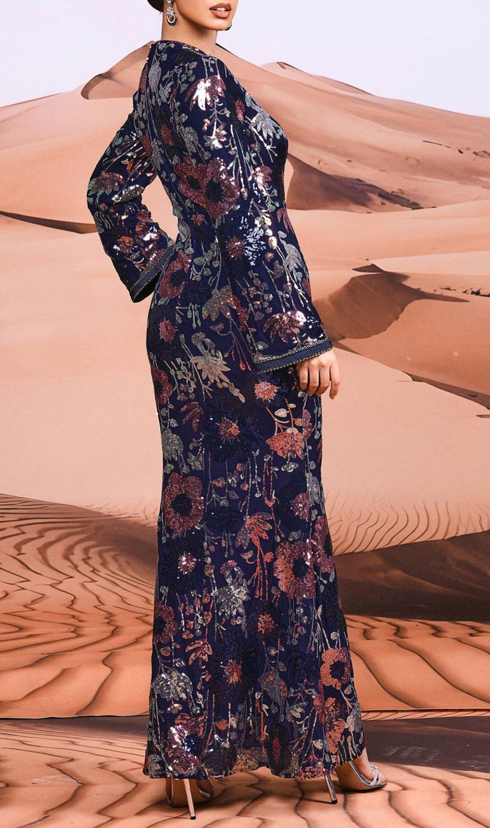 Cruella Flower Sequin Long Sleeve Maxi Dress