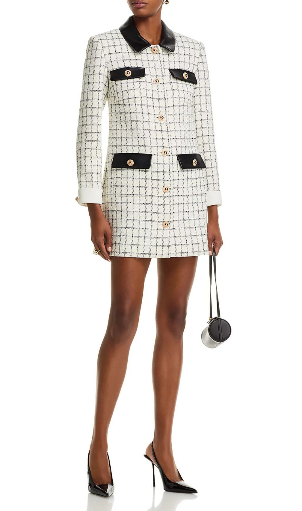 Luxe Windowpane Bouclé Mini Dress with Leather Trim & Gold Buttons