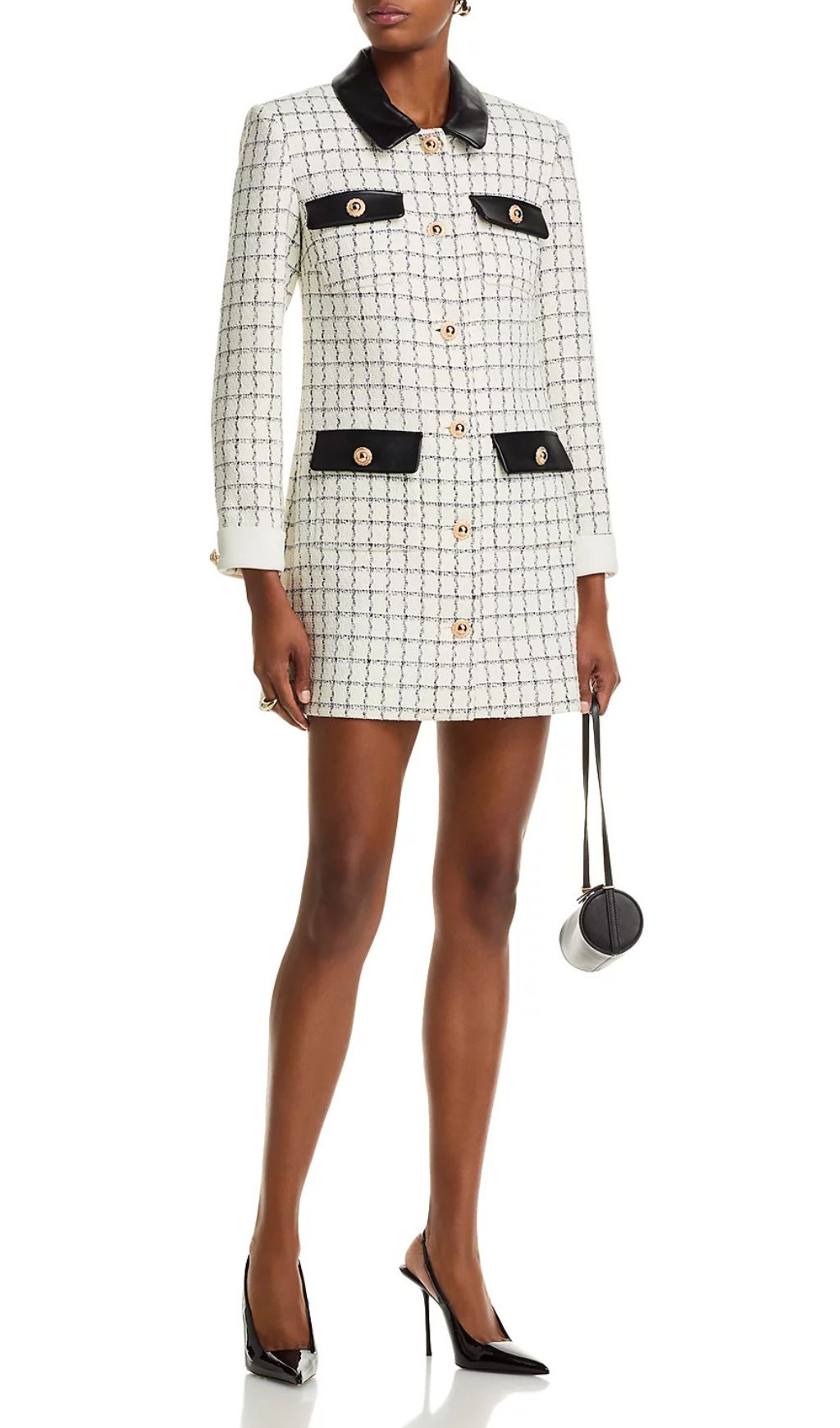 Luxe Windowpane Bouclé Mini Dress with Leather Trim & Gold Buttons