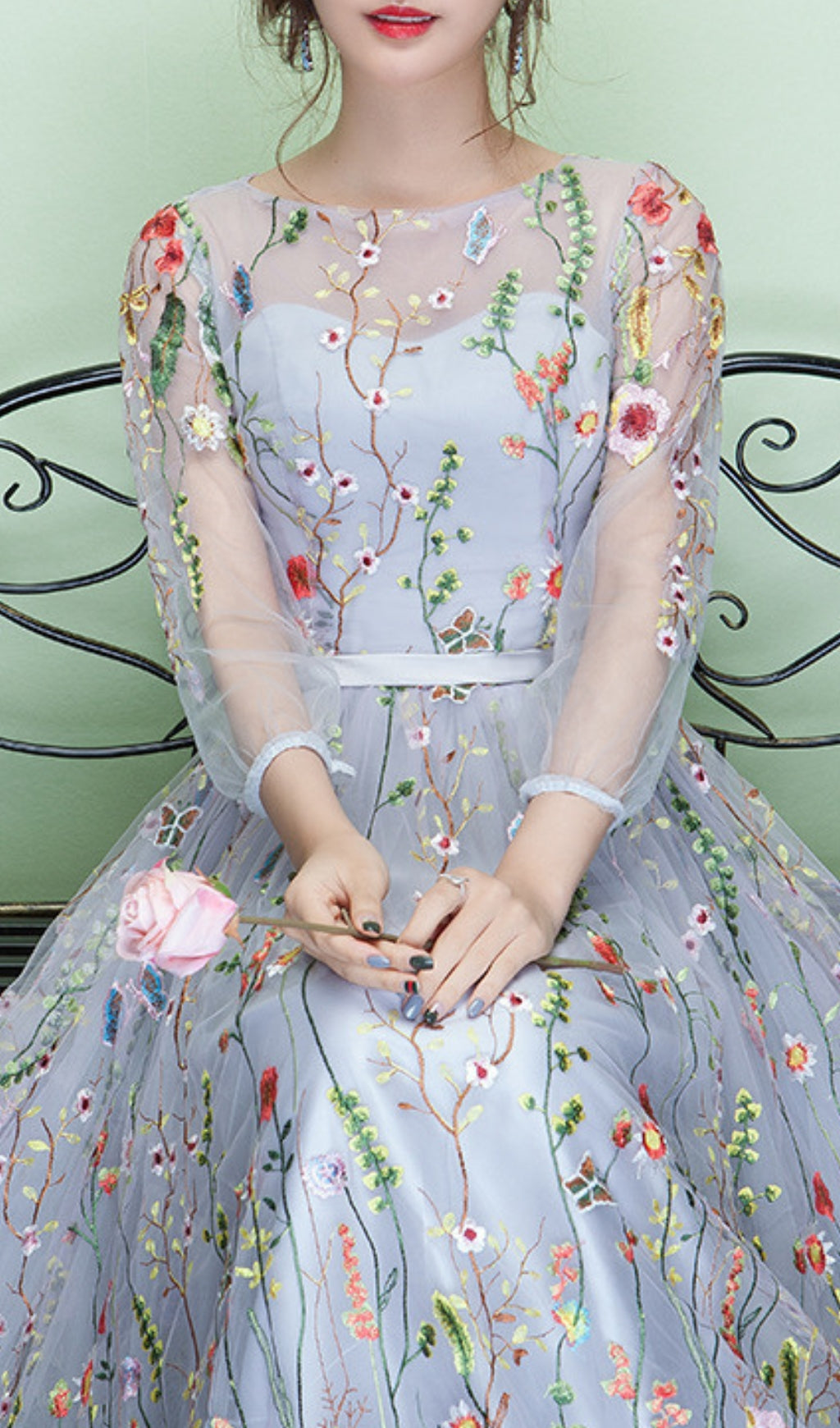 Dannell Gray Flower Mesh Sleeve Maxi Dress