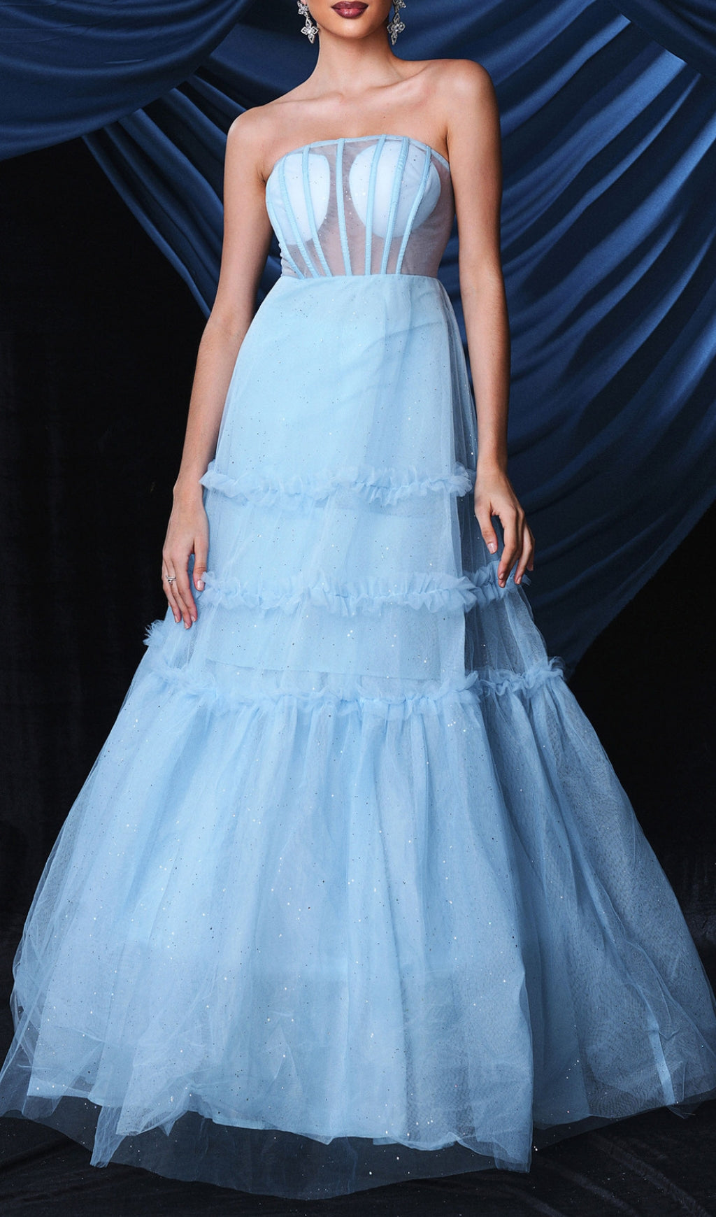 Borime Blue Corset Mesh Maxi Dress