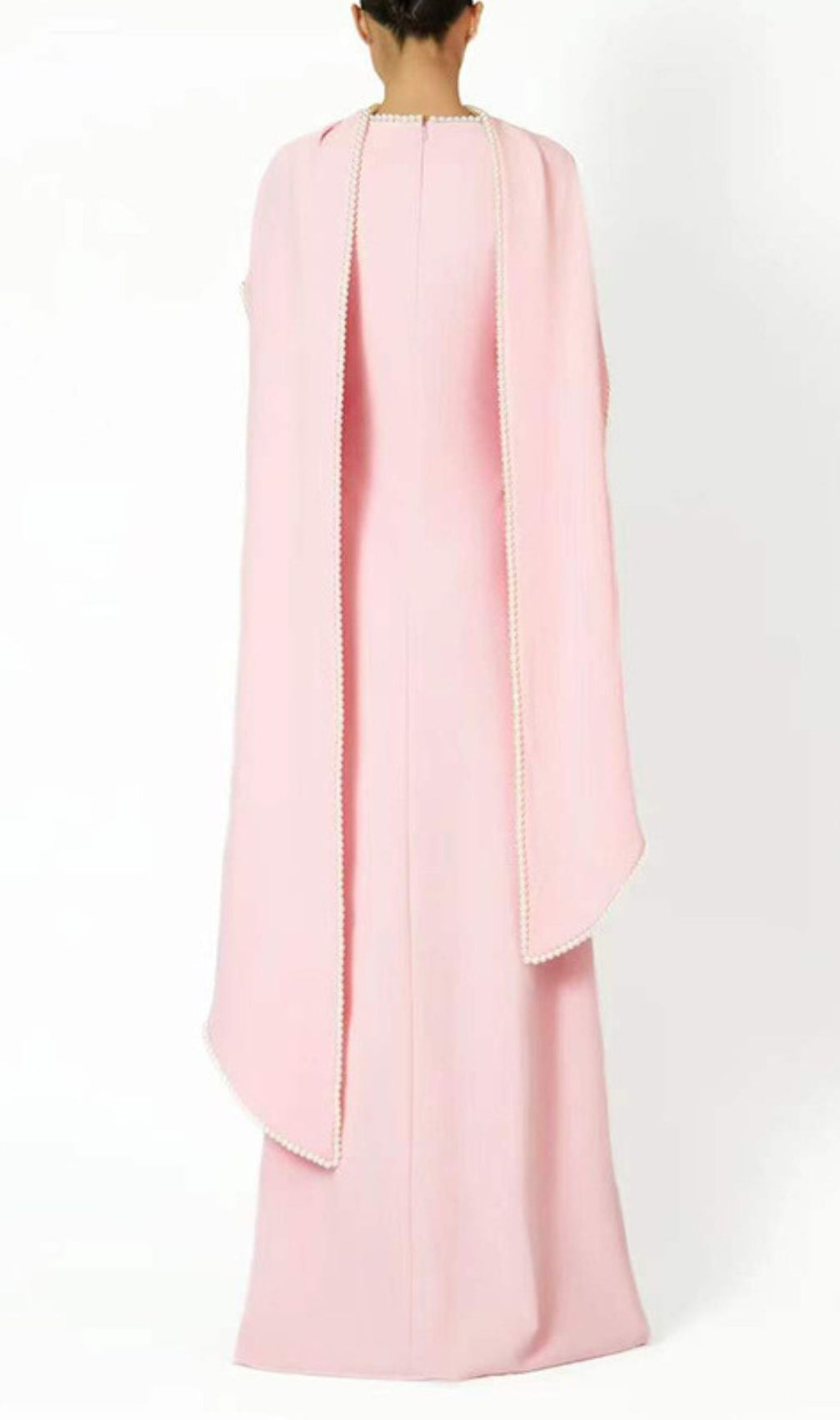 Hidi Pink Pearl Trim Shawl Maxi Dress | Elegant Long Sleeve Formal Gown