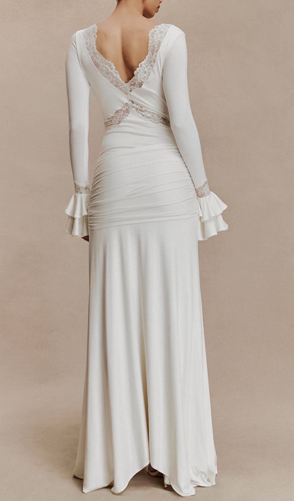 Akeelah Graceful Lace-Trimmed Flare Sleeve Maxi Dress | Tie-Waist Elegance