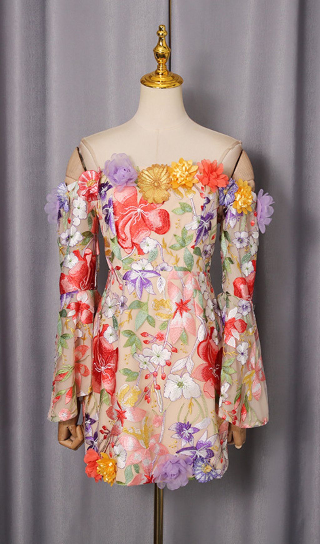 Iga Floral Embroidered Off-Shoulder Mini Dress | Whimsical 3D Blooms & Bell Sleeves