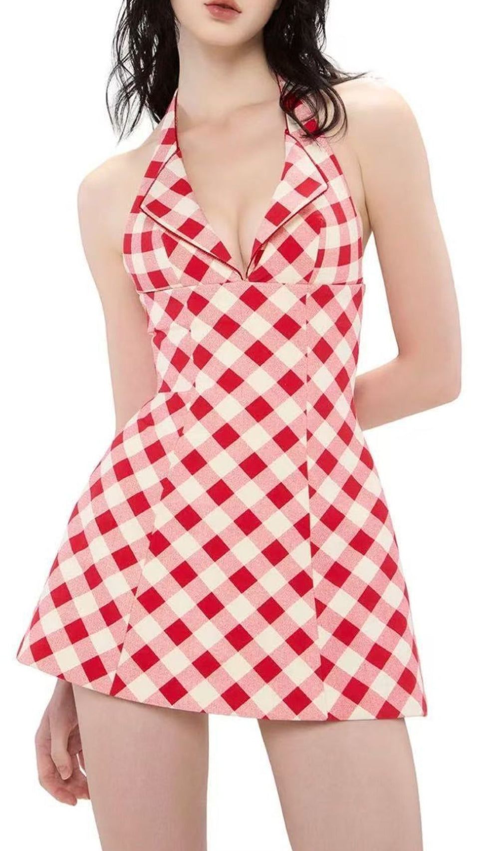 Irela Chic Gingham Halter Mini Dress - Red & White Summer Style